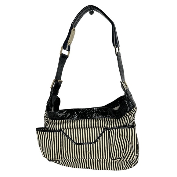 L.A.M.B Reversible White Nylon & Stripes Fabric Patent Leather Strap Hobo Bag - Picture 9 of 16